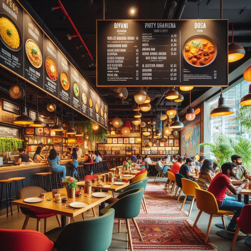 A casual Indian restaurant with a lively atmosphere, featuring bright colors, comfortable seating, and a menu board displaying classic dishes like biryani, dosa, and butter chicken. The restaurant is fill