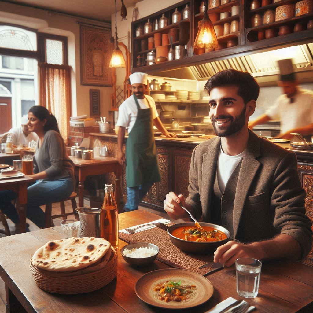 A small, cozy Indian restaurant with wooden tables, and traditional Indian decor. A well uniformed waiter serves fresh naan and curry to happy customers, while the kitchen in the background is busy with c